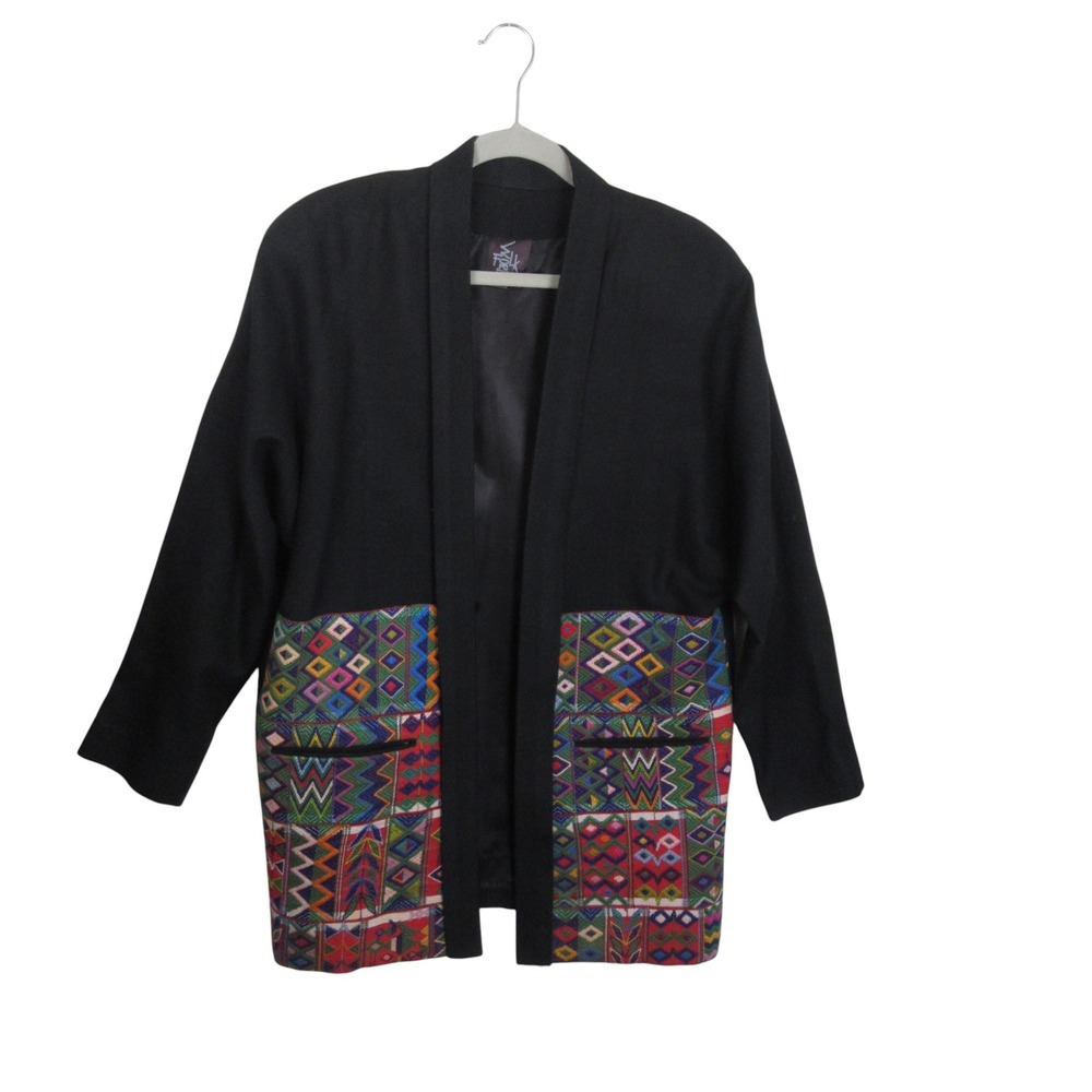David Ordoñez Folk World Black Embroidered Open Front Jacket Made in Guatemala